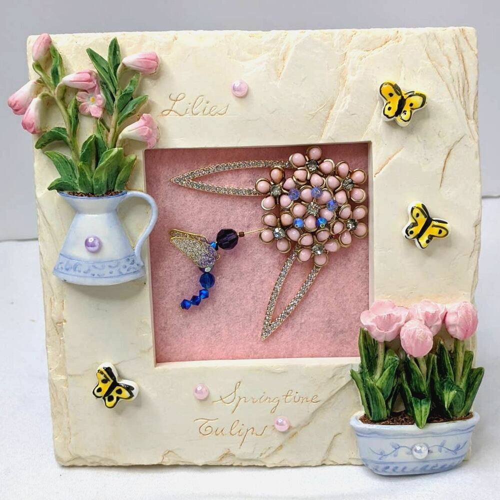Artisan Upcycled Framed Jewelry Art Whimsical Winged Hummingbird Garden Floral